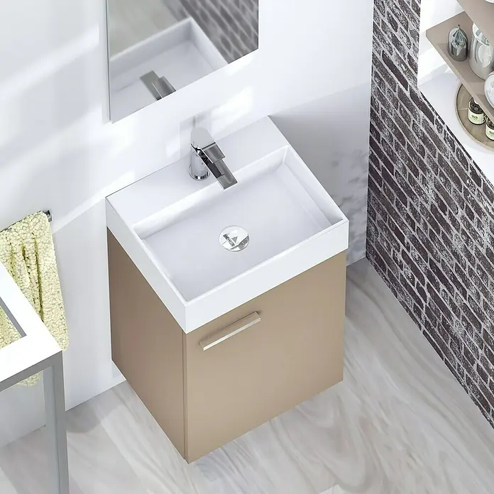 Artysan Conjunto de mueble de baño Mini - Ancho: 40 cm, Fango, Apertura una puerta - Un moderno lavabo de baño con encimera blanca y mueble beige, un diseño minimalista perfecto para baños elegantes.