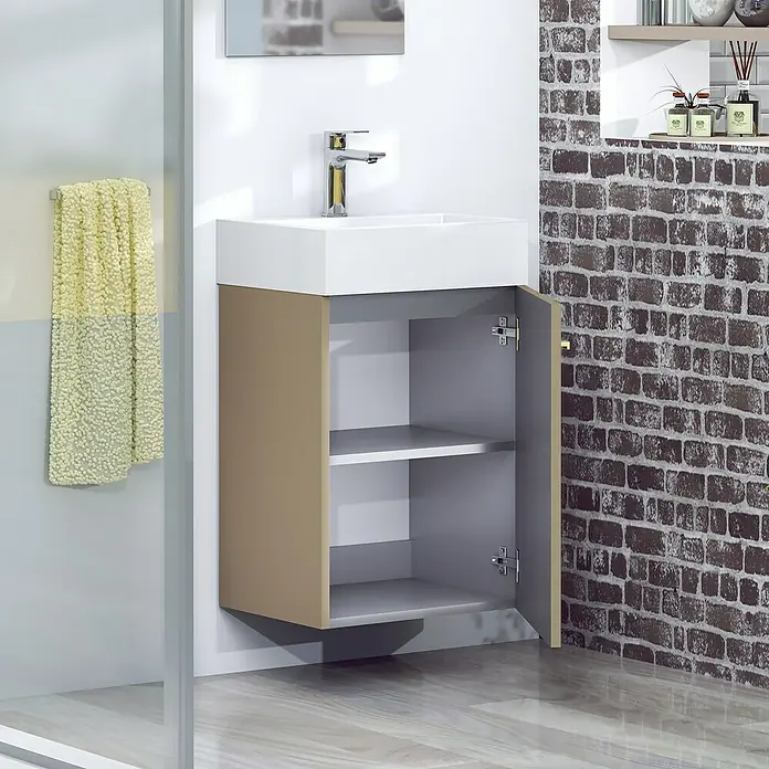 Artysan Conjunto de mueble de baño Mini - Ancho: 40 cm, Fango, Apertura una puerta - Un moderno mueble de baño beige y blanco con una puerta abierta que revela dos estantes, creando un ambiente de baño elegante.