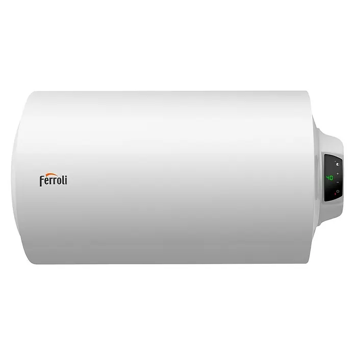 Ferroli Termo eléctrico Tiber B 100 H - 100 l, 1.500 W, Montaje en la pared - Un calentador de agua Ferroli blanco, horizontal, con pantalla digital de temperatura.