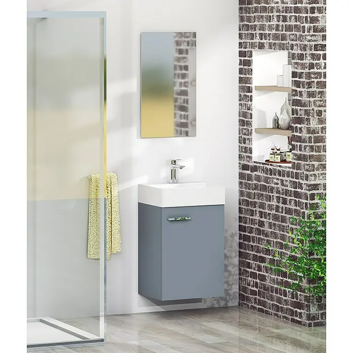 Artysan Conjunto de mueble de baño Mini - Ancho: 40 cm, Azul, Apertura una puerta - La imagen muestra un moderno mueble de baño con lavabo y espejo en la pared, elegante y funcional.