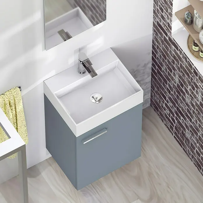 Artysan Conjunto de mueble de baño Mini - Ancho: 40 cm, Azul, Apertura una puerta - Mueble de baño moderno con armario gris y lavabo blanco. Mejora la decoración del baño con elegancia funcional.