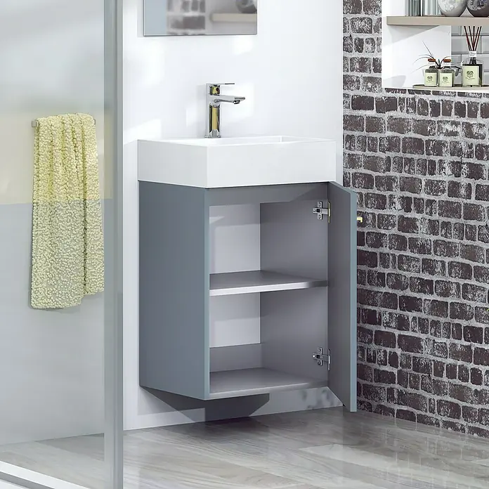 Artysan Conjunto de mueble de baño Mini - Ancho: 40 cm, Azul, Apertura una puerta - En el baño se muestra un mueble de lavabo abierto gris y blanco con dos estantes.