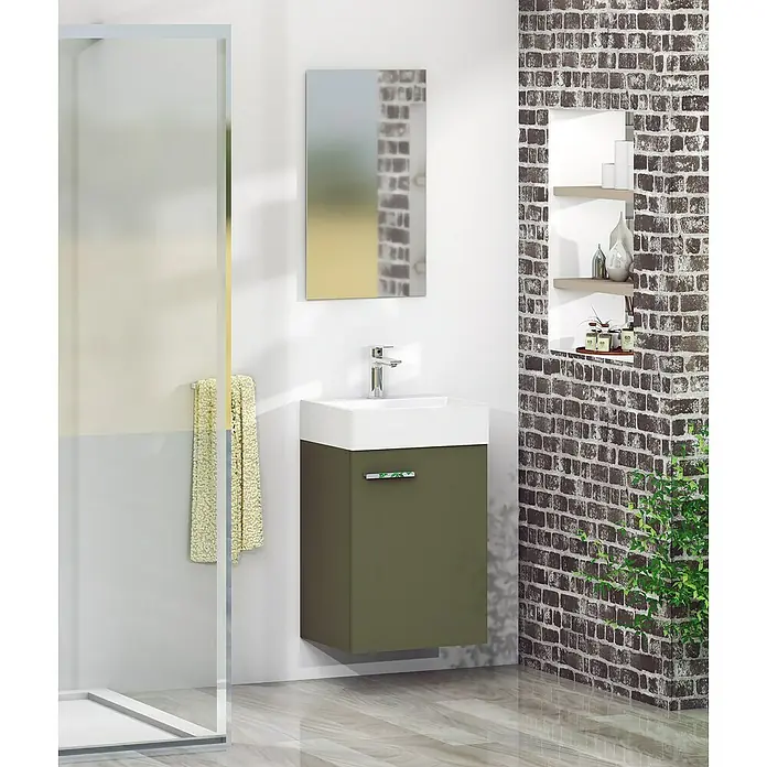 Artysan Conjunto de mueble de baño Mini - Ancho: 40 cm, Musgo, Apertura una puerta - Lavabo de baño moderno con tocador verde y espejo rectangular en una pared blanca. El lavabo tiene un diseño angular y es blanco.