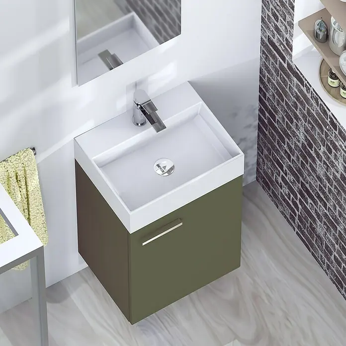 Artysan Conjunto de mueble de baño Mini - Ancho: 40 cm, Musgo, Apertura una puerta - Lavabo de baño moderno con armario en verde oliva. Diseño elegante para baños contemporáneos con líneas limpias y materiales de alta calidad.