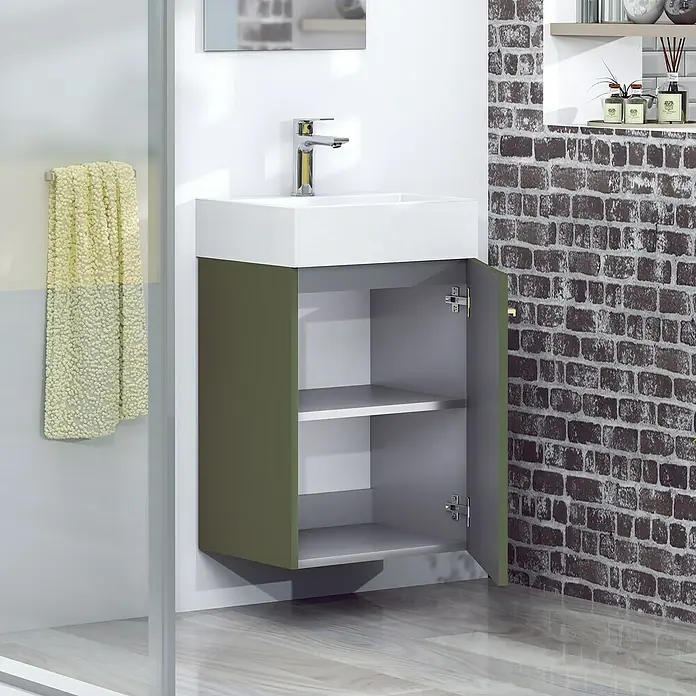 Artysan Conjunto de mueble de baño Mini - Ancho: 40 cm, Musgo, Apertura una puerta - Un moderno mueble de baño color oliva con compartimento abierto para artículos de baño y un lavabo sobre encimera blanco.