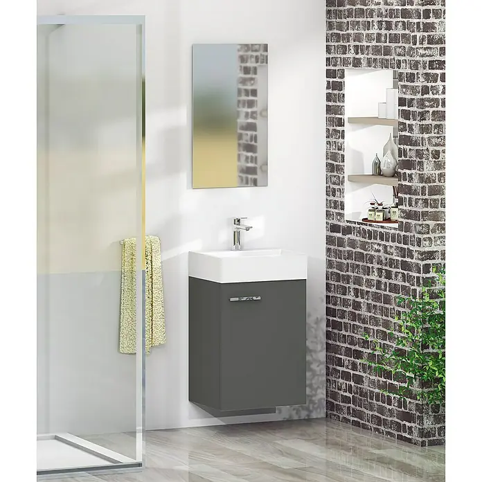 Artysan Conjunto de mueble de baño Mini - Ancho: 40 cm, Antracita, Apertura una puerta - Moderno baño con mueble de lavabo gris y espejo armario contra una pared con diseño de ladrillos.