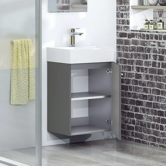 Artysan Conjunto de mueble de baño Mini - Ancho: 40 cm, Antracita, Apertura una puerta - Un moderno mueble de baño con un armario gris con una puerta abierta que revela dos estantes, perfecto para cualquier baño.