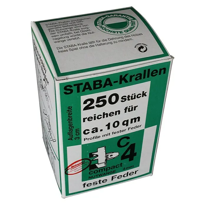 Staba Grapa para friso machihembradosc C4 - Metal - Imagen de un paquete de STABA-Krallen con 250 piezas, apto para aprox. 10 m². Las garras tienen un resorte fijo y una mejilla ranurada de 4 mm.