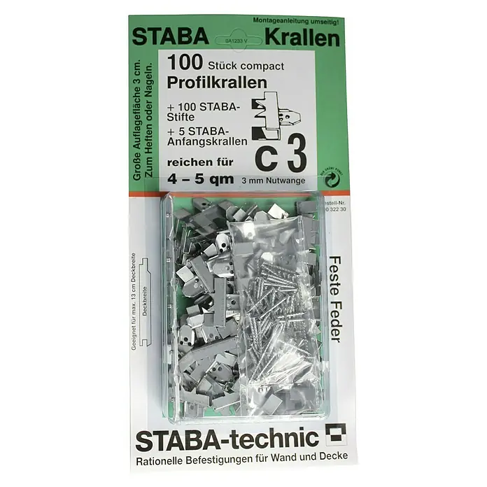 Staba Grapa para friso machihembrados C3 - Metal, 100 ud. - Imagen de un paquete de garras de perfil STABA que contiene 100 piezas, incluidos pasadores y garras de inicio, apto para montaje en pared y techo.