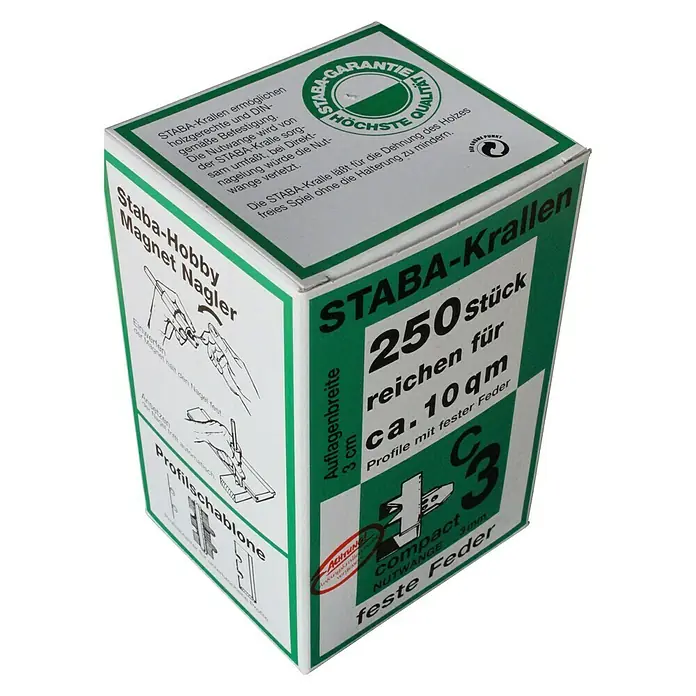 Staba Grapa para friso machihembrados C3 - Metal, 250 ud. - Caja de Staba-Krallen con 250 piezas para uniones de madera. Ideal para trabajos de madera, ofrece una fijación suave y conforme a DIN.