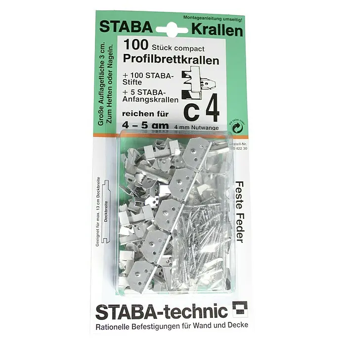 Staba Grapa para friso machihembrados C4 - Metal - Imagen de un paquete de garras para tableros perfilados STABA, que contiene 100 garras, 100 clavijas y 5 garras de inicio para un ancho de ranura de 4-5 mm.