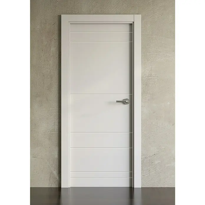 Pack puerta de interior Maracay - 82,5 x 203 cm, Izquierda, Blanco - Elegante puerta interior blanca moderna con detalles horizontales y una manija delgada, perfecta para un hogar con estilo.