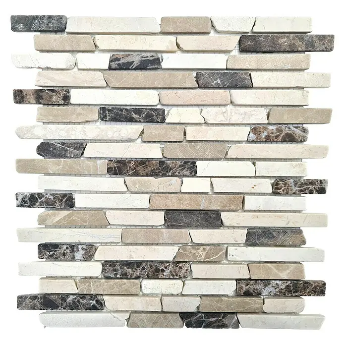 Mosaikfliese MOS BRICK 195KBM - 30,5 x 30,5 cm, Braun/Weiß, Matt - Eine Nahaufnahme eines Mosaikfliesenmusters mit verschiedenen Beige- und Brauntönen, ideal für Wand- und Bodengestaltungen.