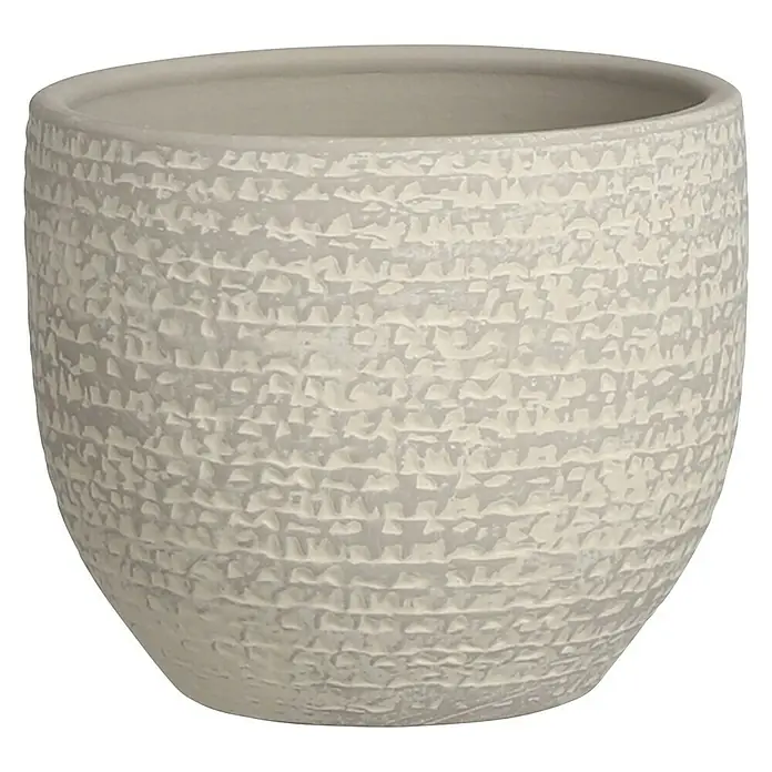 Mica Decorations Übertopf rund Carrie - Außenmaß (Ø x H): 14 x 12 cm, Hellgrau, Naturmaterialien - Nahaufnahme eines elfenbeinfarbenen Blumentopfs mit strukturierter Oberfläche, ideal für Zimmerpflanzen und zur Dekoration von Innenräumen.