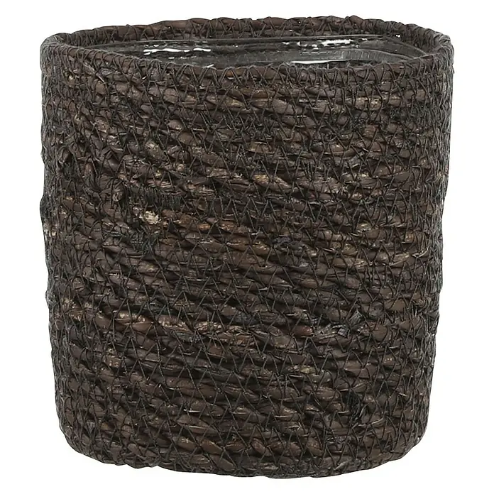 Mica Decorations Pflanzkorb Atlantic - Außenmaß (Ø x H): 12 x 12 cm, Naturmaterialien, Dunkelgrau - Nahaufnahme eines braunen, gewebten Pflanzgefäßes mit einer glänzenden Kunststoffauskleidung, ideal für Zimmerpflanzen und als Dekoration.