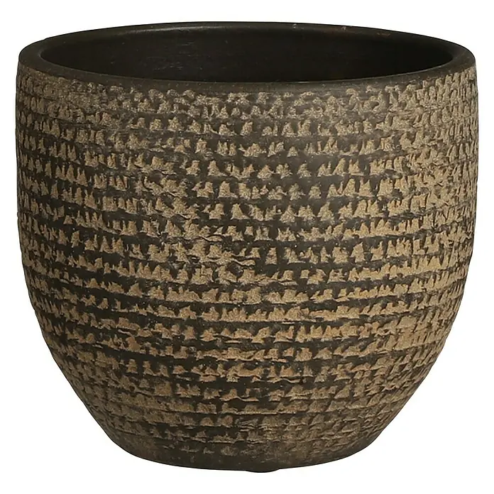 Mica Decorations Übertopf rund Carrie - Außenmaß (Ø x H): 16 x 14 cm, Braun, Naturmaterialien - Nahaufnahme eines strukturierten, zylindrischen Pflanzgefäßes mit dunklem Rand, das eine erdige und rustikale Ausstrahlung vermittelt.