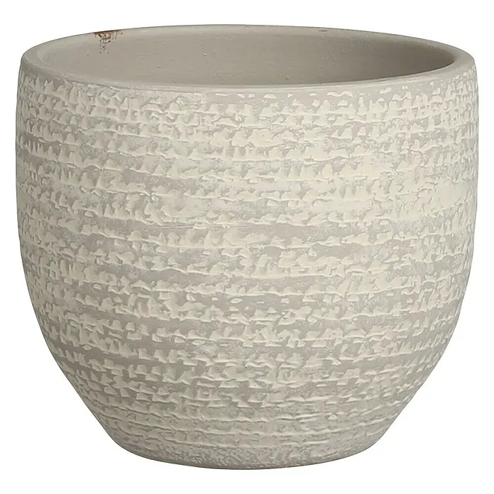 Mica Decorations Übertopf rund Carrie - Außenmaß (Ø x H): 16 x 14 cm, Hellgrau, Naturmaterialien - Nahaufnahme eines strukturierten, runden Pflanzgefäßes mit einer subtilen Farbpalette, ideal für Zimmerpflanzen.