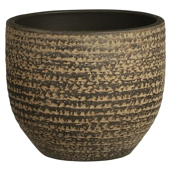 Mica Decorations Übertopf rund Carrie - Außenmaß (Ø x H): 14 x 12 cm, Braun, Naturmaterialien - Ein strukturierter, erdtonfarbener Blumentopf mit einem dunklen Rand, ideal für Zimmerpflanzen oder den Außenbereich.