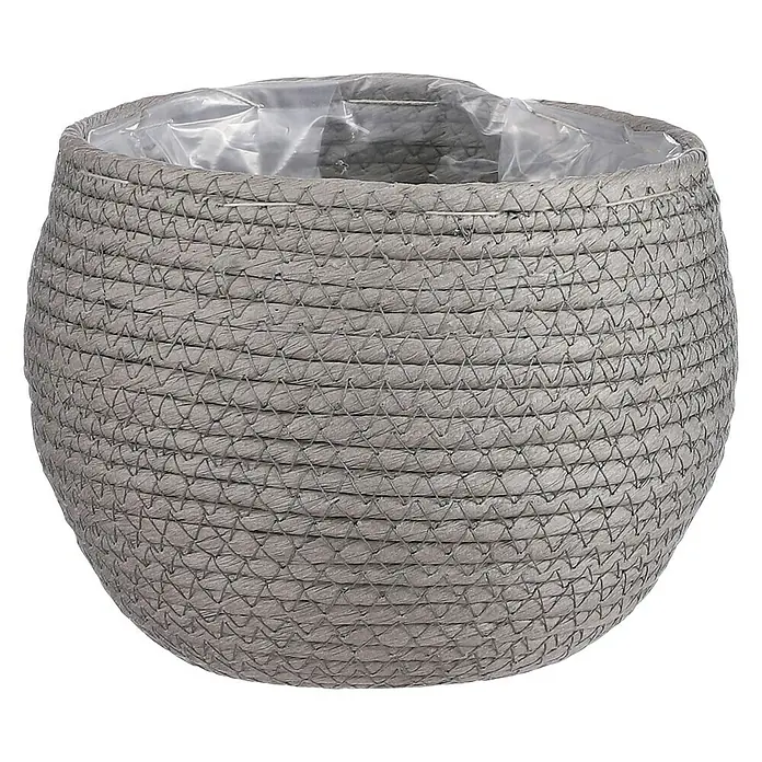 Mica Decorations Pflanzkorb Jorck - Außenmaß (Ø x H): 18 x 15 cm, Hellgrau - Nahaufnahme eines dekorativen, runden Pflanzgefäßes aus geflochtenem Material mit einer transparenten Innenauskleidung, ideal für Zimmerpflanzen.