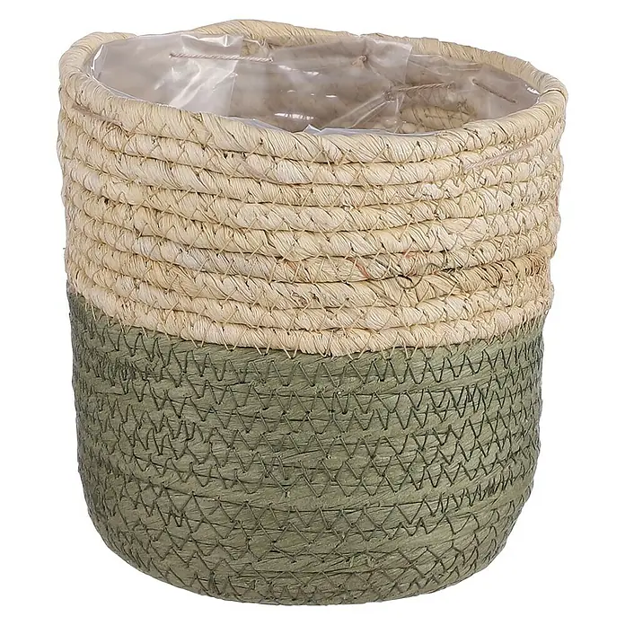 Mica Decorations Übertopf rund Rachel - Außenmaß (Ø x H): 14 x 14 cm, Natur/Grün - Dekorativer Korb aus Seegras mit zweifarbiger Gestaltung und Innenfolie, ideal zur stilvollen Aufbewahrung von Pflanzen und Gegenständen.