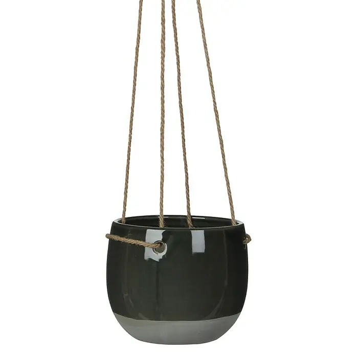 Mica Decorations Blumenampel Resa - Außenmaß (Ø x H): 16,5 x 13,5 cm, Keramik, Dunkelgrau, Glänzend - Attraktiver, grauer Hängetopf mit cremefarbenem Boden, gehalten von robusten Seilen, ideal für Zimmerpflanzen und zur Dekoration von Innenräumen.