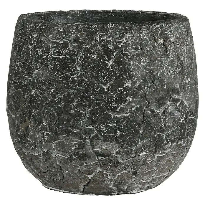 Mica Decorations Übertopf rund Thomas - Außenmaß (Ø x H): 19 x 16,5 cm, Anthrazit - Detailaufnahme eines runden, grauen Pflanzgefäßes mit rissiger Textur vor schwarzem Hintergrund. Ideal für Innen- und Außenbereiche.