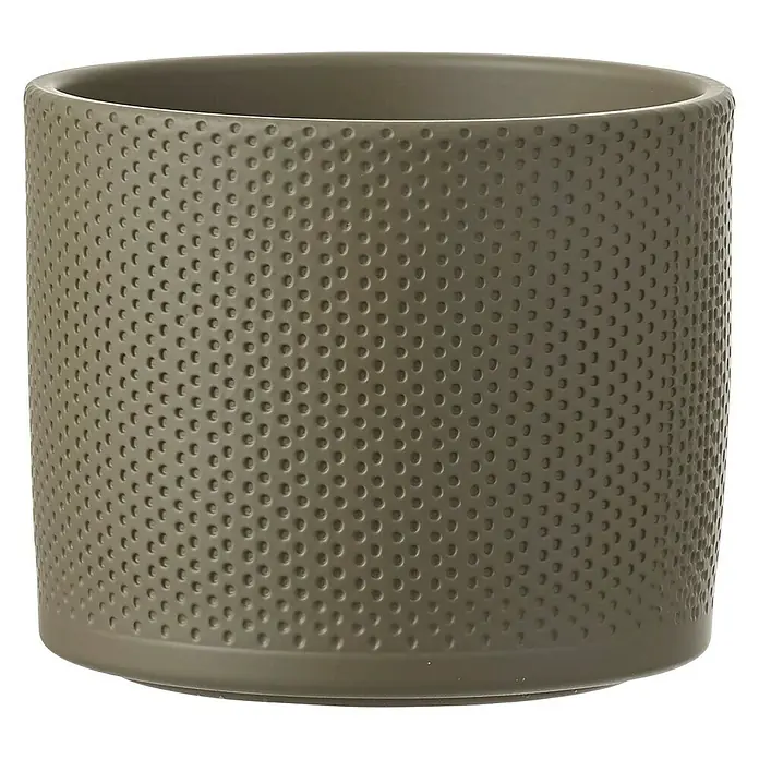 Mica Decorations Übertopf rund Era - Außenmaß (Ø x H): 15 x 13 cm, Grün, Keramik - Nahaufnahme eines zylinderförmigen, olivgrünen Pflanzgefäßes mit gepunkteter Oberfläche, das sich perfekt für Zimmerpflanzen eignet.