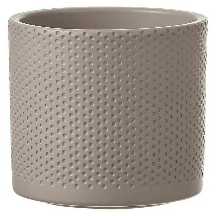 Mica Decorations Übertopf rund Era - Außenmaß (Ø x H): 13,5 x 12,5 cm, Taupe, Keramik - Nahaufnahme eines zylinderförmigen Blumentopfs mit einer genoppten Oberfläche, der eine stilvolle Ergänzung für jeden Raum darstellt.