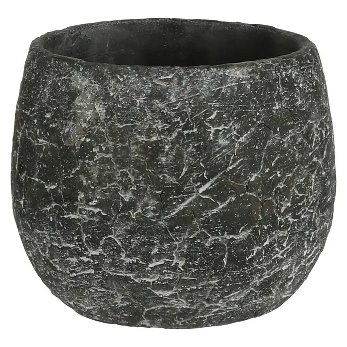 Mica Decorations Übertopf rund Thomas - Außenmaß (Ø x H): 13,5 x 11,5 cm, Anthrazit - Nahaufnahme eines dekorativen, runden Blumentopfs aus dunklem Stein mit rissiger Oberfläche. Perfekt für Zimmerpflanzen und als stilvolles Dekoelement.