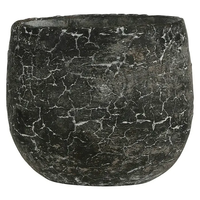 Mica Decorations Übertopf rund Thomas - Außenmaß (Ø x H): 16 x 14 cm, Anthrazit - Nahaufnahme eines dekorativen, dunkelgrauen Blumentopfes mit einer markanten, rissigen Textur.