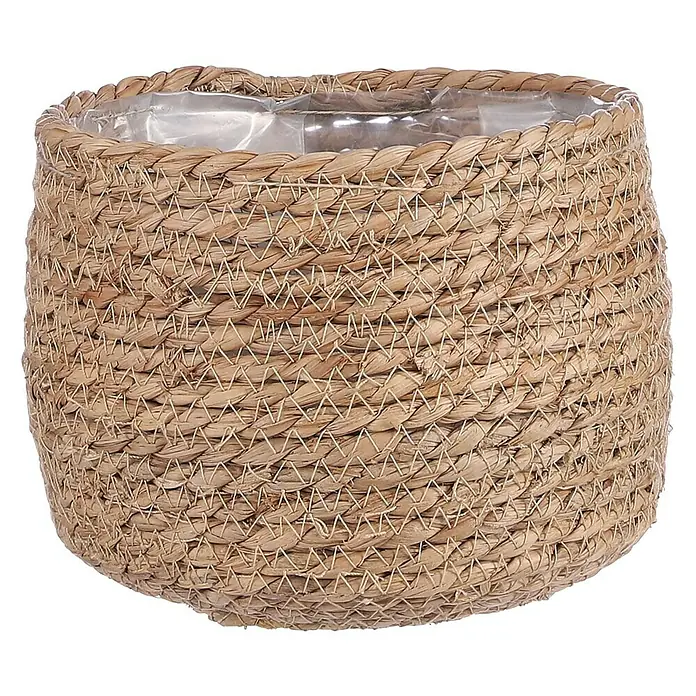 Mica Decorations Pflanzkorb Jorck - Außenmaß (Ø x H): 18 x 15 cm, Hellbraun - Nahaufnahme eines runden Pflanzgefäßes aus Seegras mit Plastikeinsatz, das ein natürliches und stilvolles Design bietet.