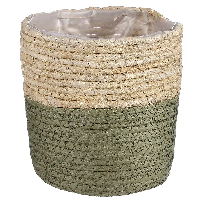 Mica Decorations Übertopf rund Rachel - Außenmaß (Ø x H): 16 x 16 cm, Natur/Grün - Geflochtener Übertopf mit zweifarbiger Optik. Das Produkt besteht aus robusten Naturmaterialien und ist mit einer Folie ausgelegt.