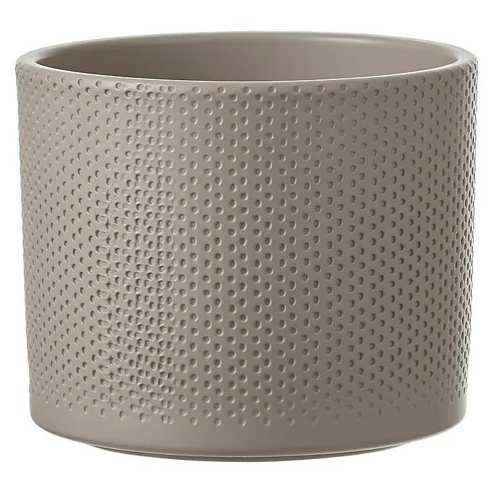 Mica Decorations Übertopf rund Era - Außenmaß (Ø x H): 17,5 x 14,5 cm, Taupe, Keramik - Nahaufnahme eines runden, beigen Blumentopfes mit einer gepunkteten Textur, ideal für Pflanzenliebhaber.