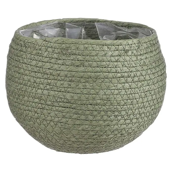 Mica Decorations Pflanzkorb Jorck - Außenmaß (Ø x H): 18 x 15 cm, Grün - Stilvoller, hellgrüner Pflanzkorb aus geflochtenem Bast mit transparenter Innenauskleidung, ideal für Zimmerpflanzen und zur Dekoration.