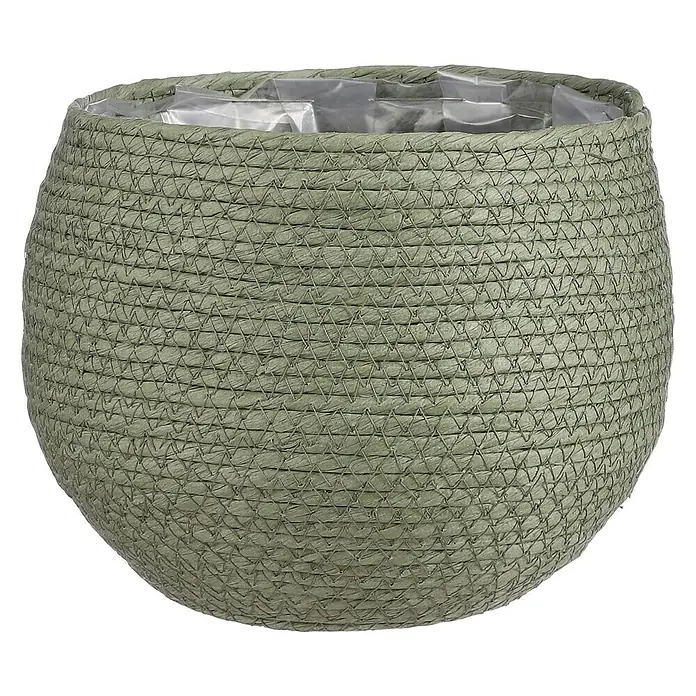 Mica Decorations Pflanzkorb Jorck - Außenmaß (Ø x H): 22 x 19 cm, Grün - Nahaufnahme eines runden, grün gefärbten Pflanzgefäßes aus Korbweide mit Plastikeinsatz. Ideal für Zimmerpflanzen und stilvolle Dekoration.