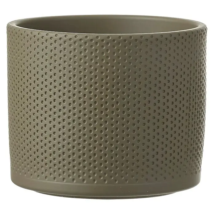 Mica Decorations Übertopf rund Era - Außenmaß (Ø x H): 17,5 x 14,5 cm, Grün, Keramik - Nahaufnahme eines grünen Pflanzgefäßes mit einem genoppten Muster, ideal für Zimmerpflanzen und eine stilvolle Dekoration für jeden Raum.