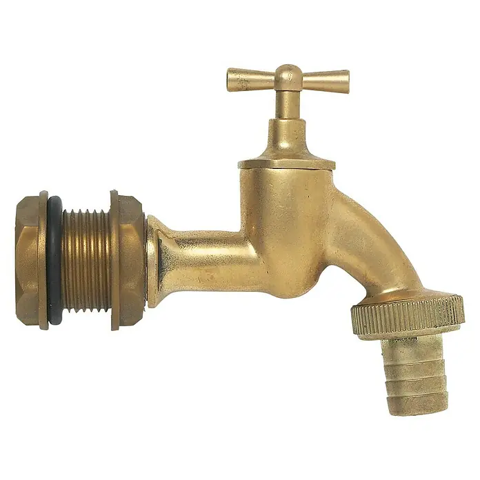 Garantia Auslaufhahn - ¾″, Messing - Detailaufnahme eines goldenen Wasserhahns mit Gewindeanschluss und Kreuzgriff vor schwarzem Hintergrund.