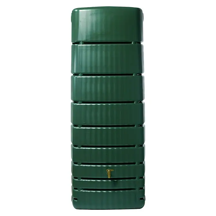 4rain Regenspeicher Slim - 650 l, Grün - Grüne, modulare Regenwassertonne mit goldenem Hahn zur Wassergewinnung für Gartenbewässerung und umweltfreundliche Wassernutzung.