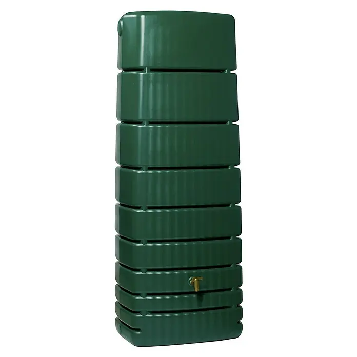 4rain Regenspeicher Slim - 650 l, Grün - Grüne Regentonne mit mehreren Abschnitten und einem Messing-Zapfhahn zur Gartenbewässerung oder Wasserspeicherung.