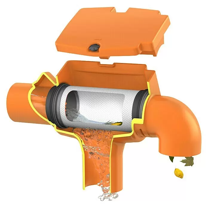 Garantia Regenwasserfilter Supra Intern - Mit gebogenem Abgang, Passend für: Garantia ProLine Regenwassertank Columbus, Garantia Erdtanks - Detailaufnahme