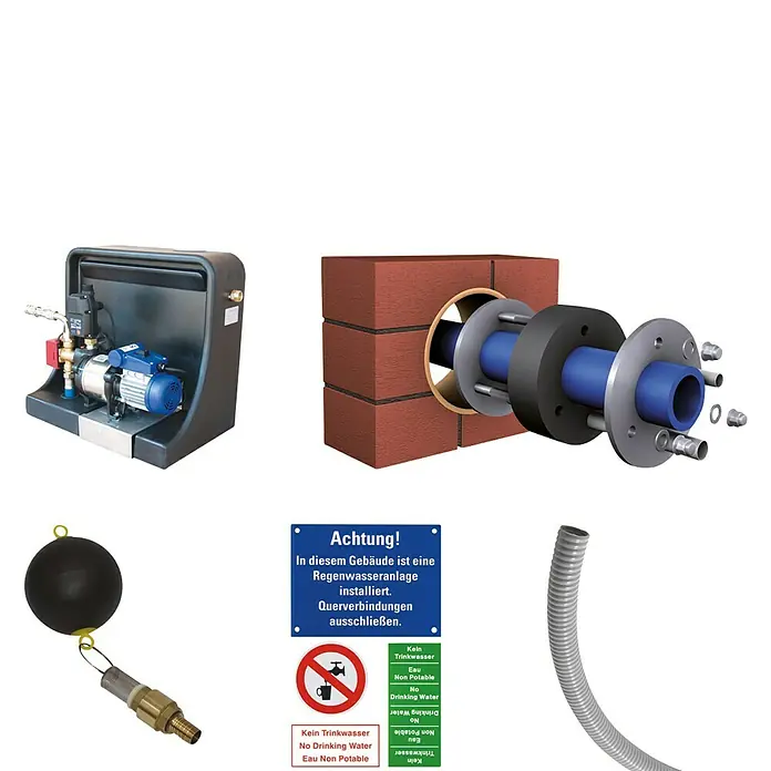 4rain Technikpaket Haus-Premium - Passend für: 4Rain & Garantia Regenwassertanks - Regenwassernutzungsanlage: Enthält Pumpe, Wanddurchführung, Schwimmerschalter, Warnschild und flexiblem Schlauch für die Regenwassernutzung.