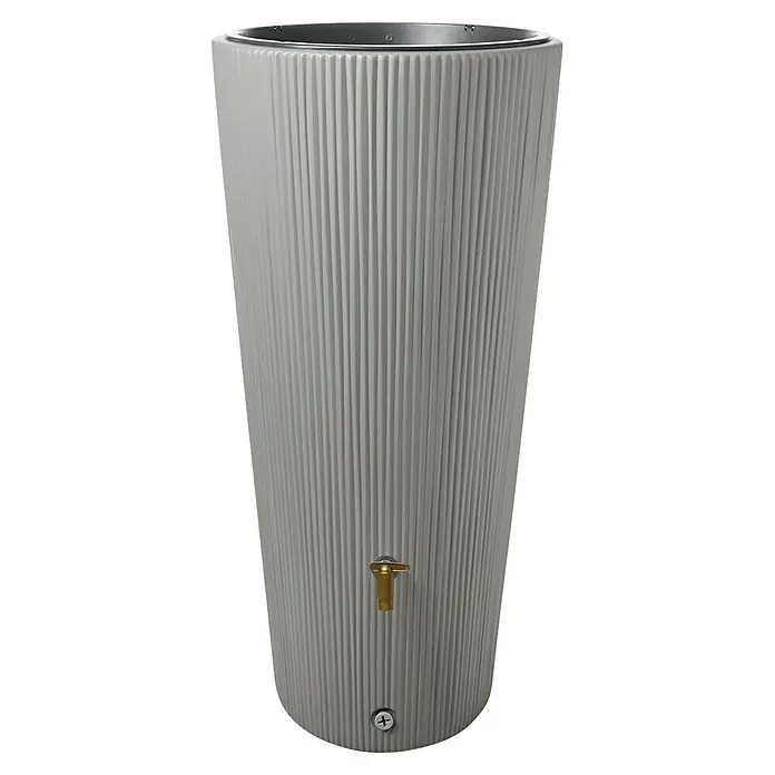 4rain Regenspeicher Vaso Decor 2in1 - 220 l, Zinkgrau - Grauer Regenspeicher mit vertikalen Rillen und einem goldenen Wasserhahn zur Gartenbewässerung, umweltfreundlich und platzsparend.