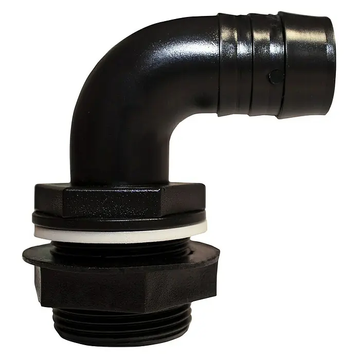 Garantia Überlaufbogen - Passend für: 4Rain & Garantia Regenwassertanks - Produktbild eines schwarzen 90-Grad-Winkelstücks mit Gewinde für Schlauchanschluss. Ideal für Wassersysteme und Tankinstallationen.