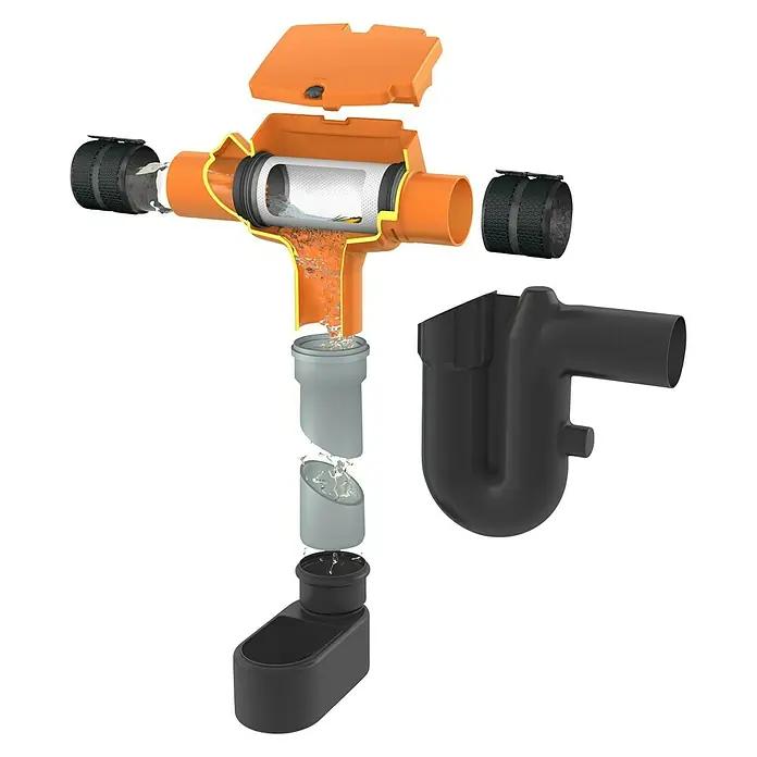 Garantia Filterausbaupaket Supra - Passend für: Garantia ProLine Regenwassertank Cristall - Eine detaillierte Darstellung eines orangefarbenen Dachrinnenfilters, der seine interne Bauweise zeigt.