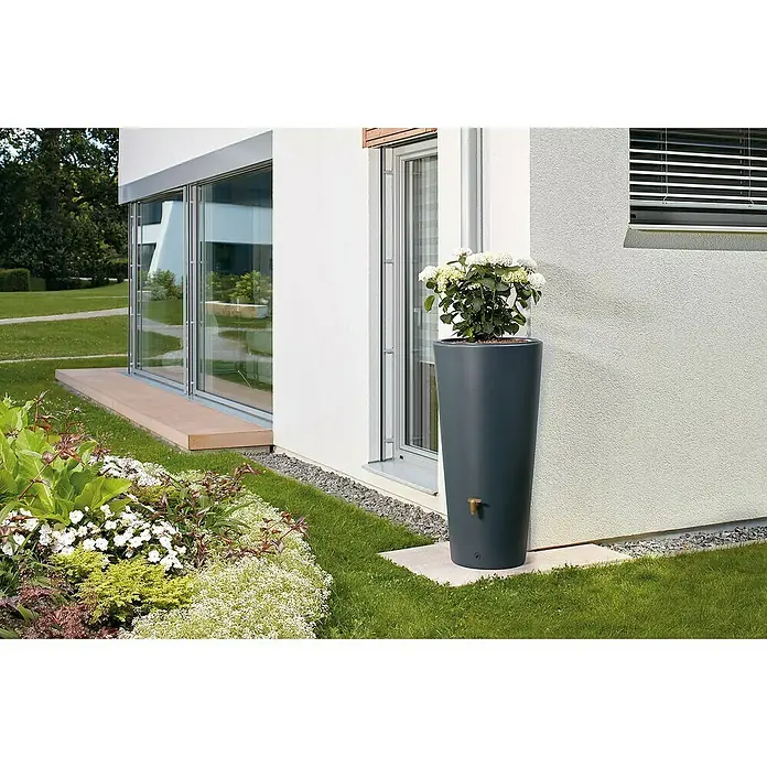4rain Regenspeicher Vaso 2in1 - 220 l, Darkgranite - Elegante Regenspeichertonne in Anthrazit mit integriertem Pflanztopf und Messinghahn, perfekt für stilvolle Wassergewinnung im Garten.
