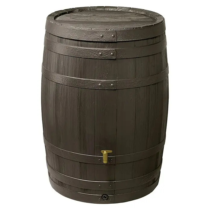 4rain Regenspeicher Vino - 400 l, Dunkelbraun - Ein braunes, rustikales Regenfass aus Holzimitat mit einem goldenen Hahn, das Regenwasser stilvoll sammelt.