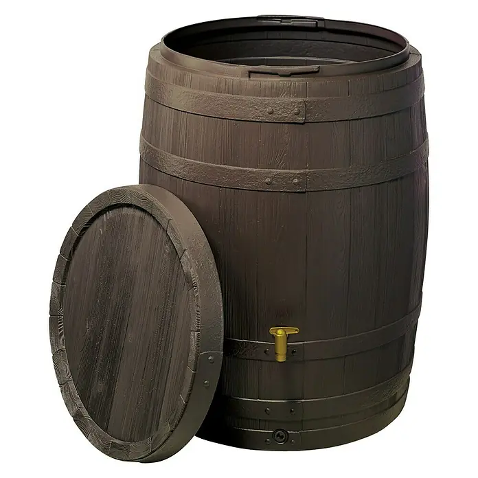 4rain Regenspeicher Vino - 400 l, Dunkelbraun - Brauner Regenwasserbehälter mit Holzmaserung und goldenem Hahn. Inklusive passendem Deckel für den Behälter.