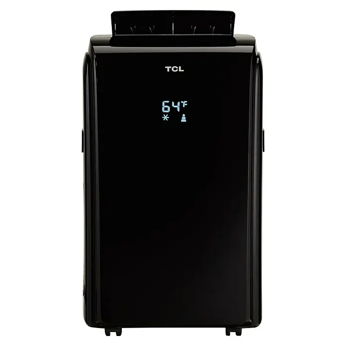 TCL Mobiles Klimagerät Kühlen/Heizen TAC-12CHPB/KB - 3.200 W, Raumgröße: 35 m², Schwarz - Schwarze TCL Klimaanlage mit digitaler Anzeige, die 64°F anzeigt. Kompaktes Design für einfache Kühlung.