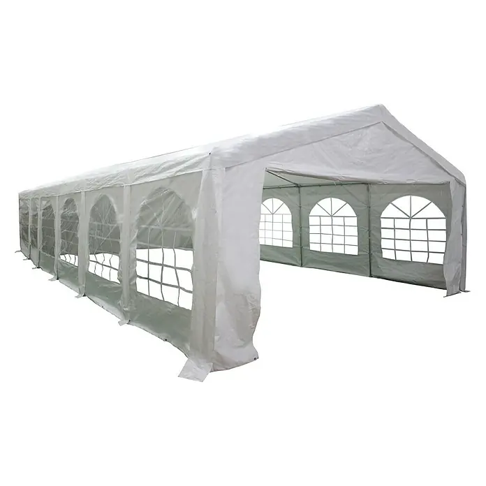 Sunfun Partyzelt - B x T: 600 x 1.200 cm, Farbe Dach: Weiß - Ein großes, weißes Partyzelt mit mehreren Fenstern und einer offenen Seite, ideal für Veranstaltungen im Freien.