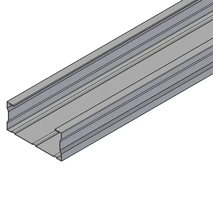 THU Ceiling Solutions Perfil TC47 - 3 m x 47 mm x 17 mm, Acero - La imagen muestra un riel de metal, probablemente un canal de cables o un perfil para aplicaciones de construcción, en vista isométrica.